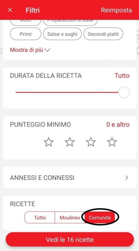 recipe filters page in the Companion app